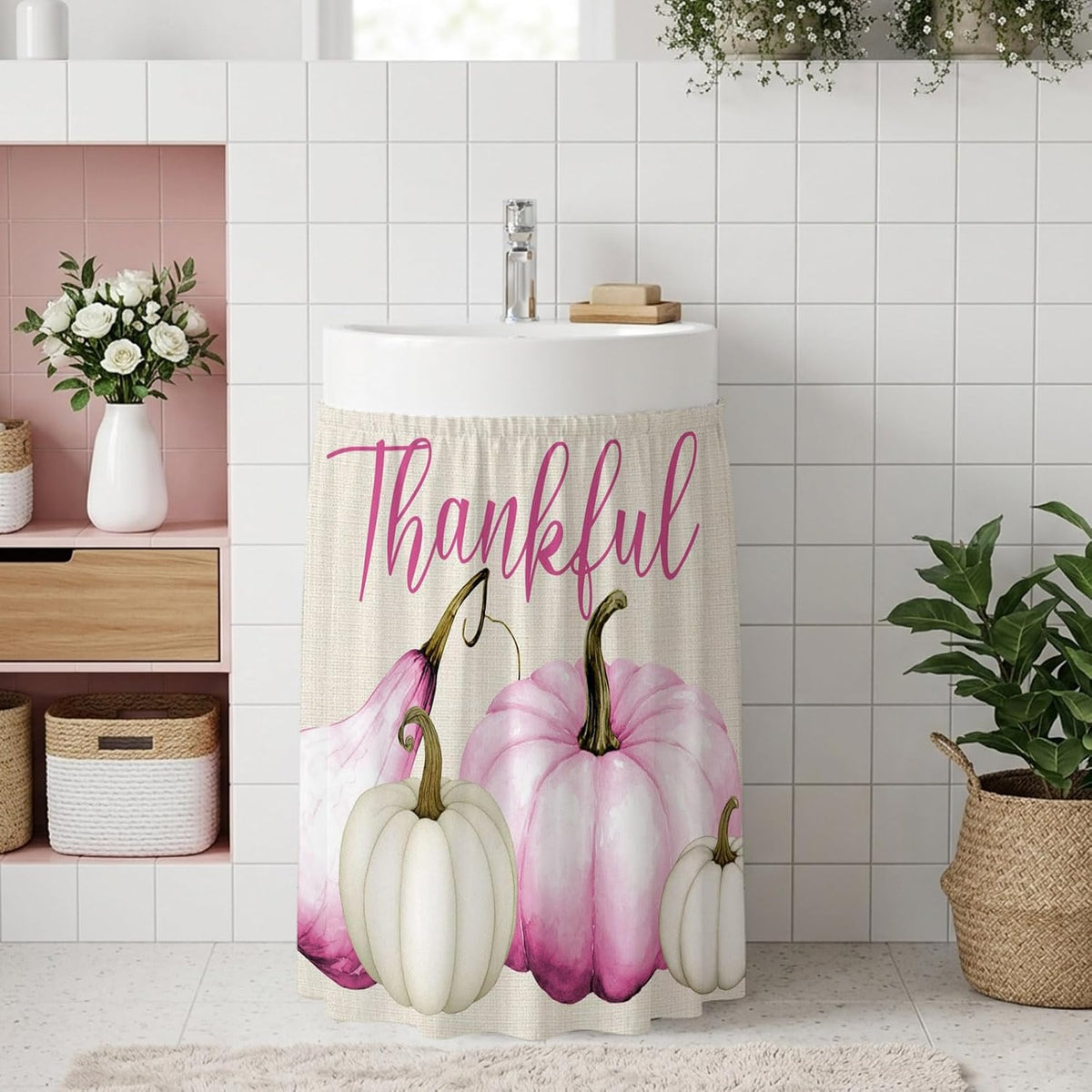 Pink White Pumpkin Small Sink Skirt, Bathroom Vanity Cabinet Adhesive Curtain, Fall Thanksgiving Retro Light Beige Utility Under Sink Cover Decorative Kitchen Cabinet Curtains 10"x11"