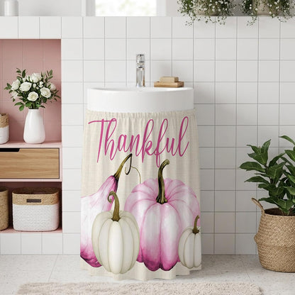 Pink White Pumpkin Small Sink Skirt, Bathroom Vanity Cabinet Adhesive Curtain, Fall Thanksgiving Retro Light Beige Utility Under Sink Cover Decorative Kitchen Cabinet Curtains 10"x11"
