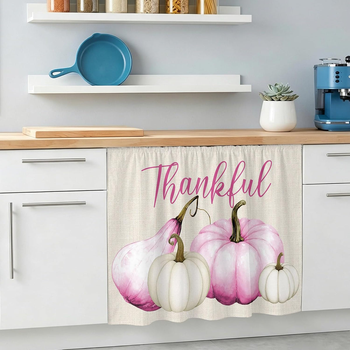 Pink White Pumpkin Small Sink Skirt, Bathroom Vanity Cabinet Adhesive Curtain, Fall Thanksgiving Retro Light Beige Utility Under Sink Cover Decorative Kitchen Cabinet Curtains 10"x11"