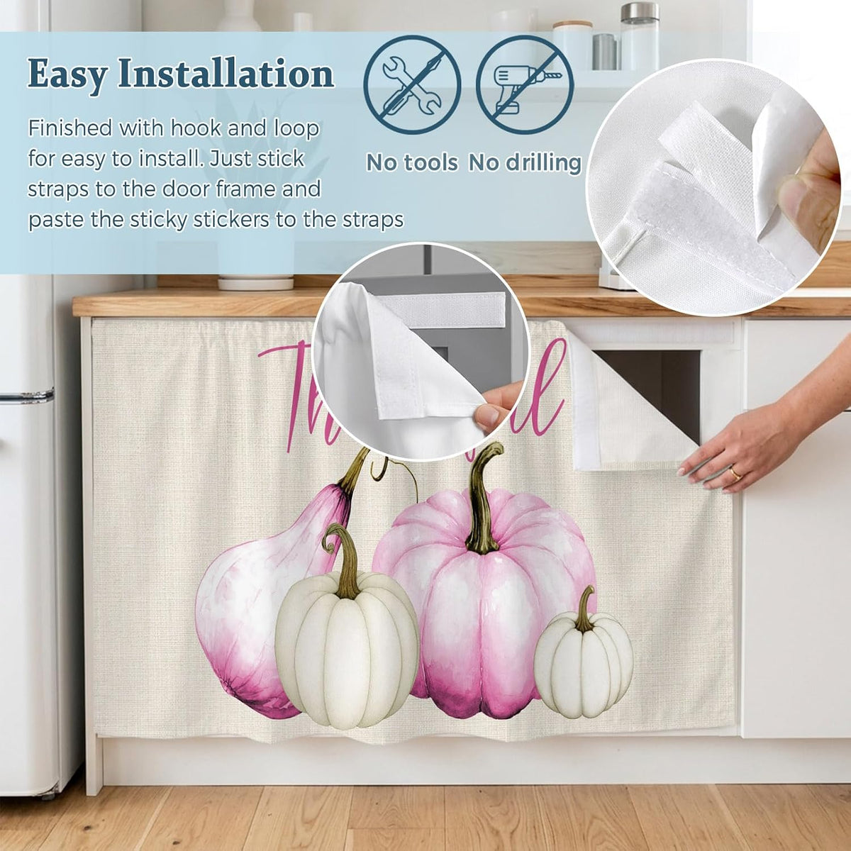Pink White Pumpkin Small Sink Skirt, Bathroom Vanity Cabinet Adhesive Curtain, Fall Thanksgiving Retro Light Beige Utility Under Sink Cover Decorative Kitchen Cabinet Curtains 10"x11"