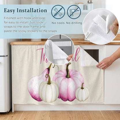 Pink White Pumpkin Small Sink Skirt, Bathroom Vanity Cabinet Adhesive Curtain, Fall Thanksgiving Retro Light Beige Utility Under Sink Cover Decorative Kitchen Cabinet Curtains 10"x11"
