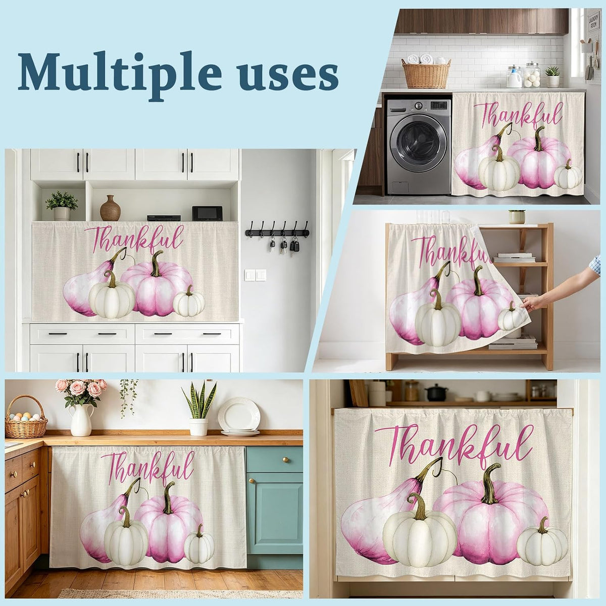Pink White Pumpkin Small Sink Skirt, Bathroom Vanity Cabinet Adhesive Curtain, Fall Thanksgiving Retro Light Beige Utility Under Sink Cover Decorative Kitchen Cabinet Curtains 10"x11"