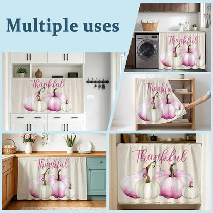 Pink White Pumpkin Small Sink Skirt, Bathroom Vanity Cabinet Adhesive Curtain, Fall Thanksgiving Retro Light Beige Utility Under Sink Cover Decorative Kitchen Cabinet Curtains 10"x11"