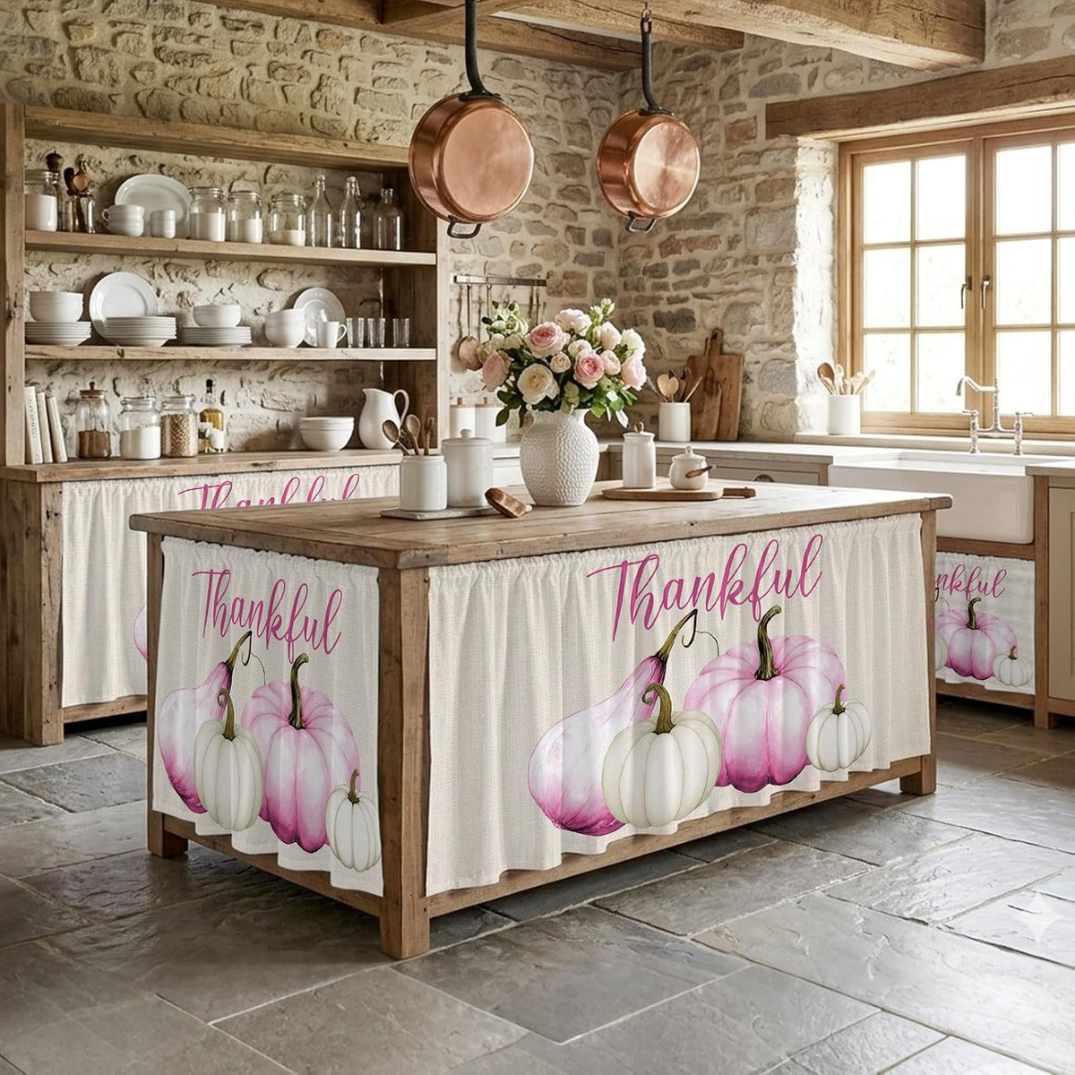 Pink White Pumpkin Small Sink Skirt, Bathroom Vanity Cabinet Adhesive Curtain, Fall Thanksgiving Retro Light Beige Utility Under Sink Cover Decorative Kitchen Cabinet Curtains 10"x11"