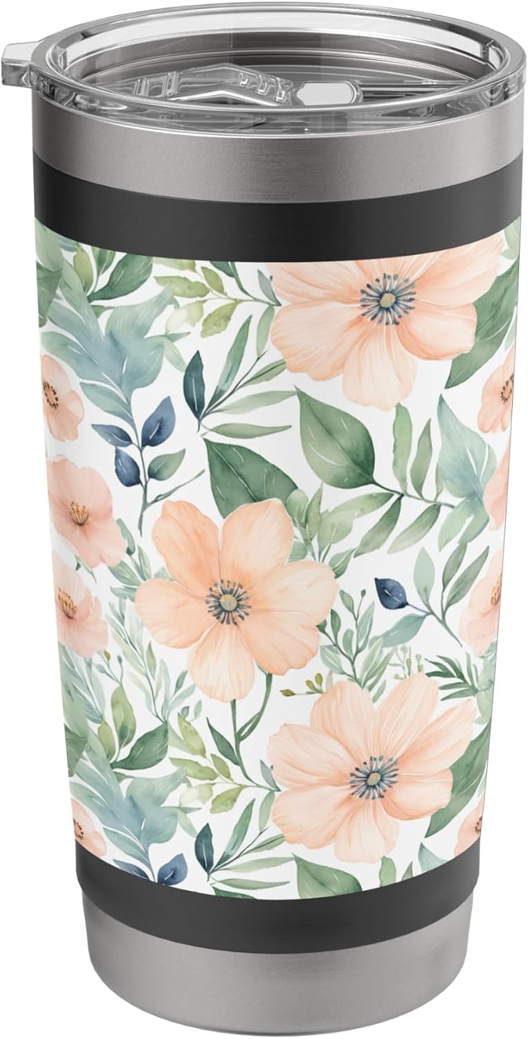Peach Flowers and Green Leaves, Watercolor Pattern Stainless Steel Insulated Tumbler