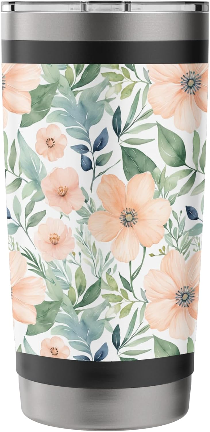 Peach Flowers and Green Leaves, Watercolor Pattern Stainless Steel Insulated Tumbler