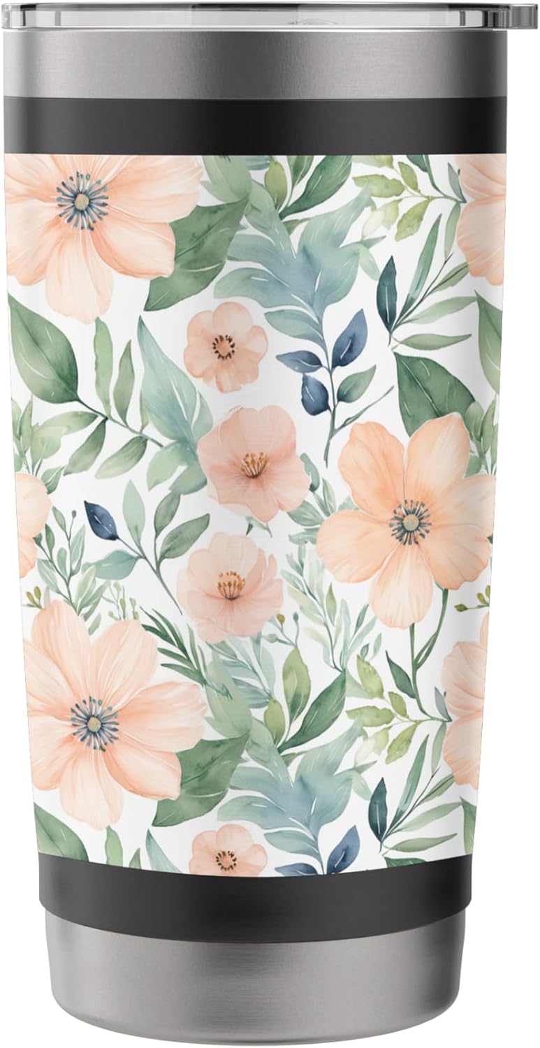 Peach Flowers and Green Leaves, Watercolor Pattern Stainless Steel Insulated Tumbler