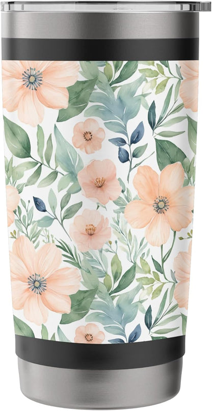 Peach Flowers and Green Leaves, Watercolor Pattern Stainless Steel Insulated Tumbler