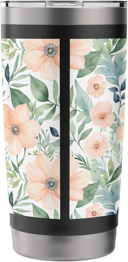 Peach Flowers and Green Leaves, Watercolor Pattern Stainless Steel Insulated Tumbler