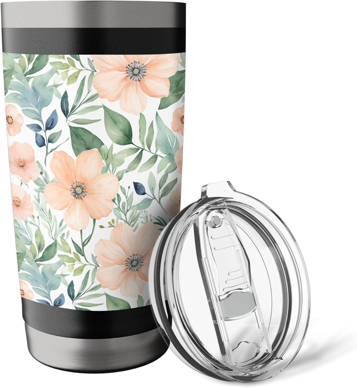 Peach Flowers and Green Leaves, Watercolor Pattern Stainless Steel Insulated Tumbler