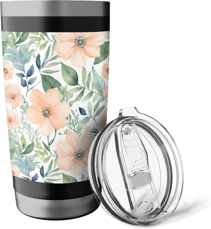 Peach Flowers and Green Leaves, Watercolor Pattern Stainless Steel Insulated Tumbler
