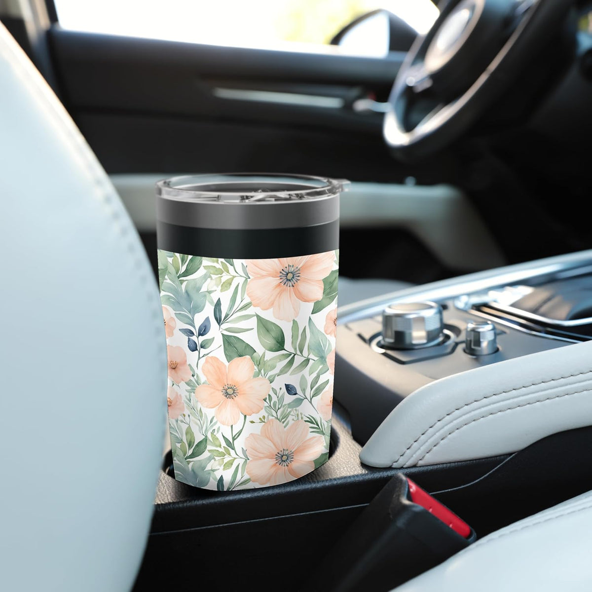 Peach Flowers and Green Leaves, Watercolor Pattern Stainless Steel Insulated Tumbler