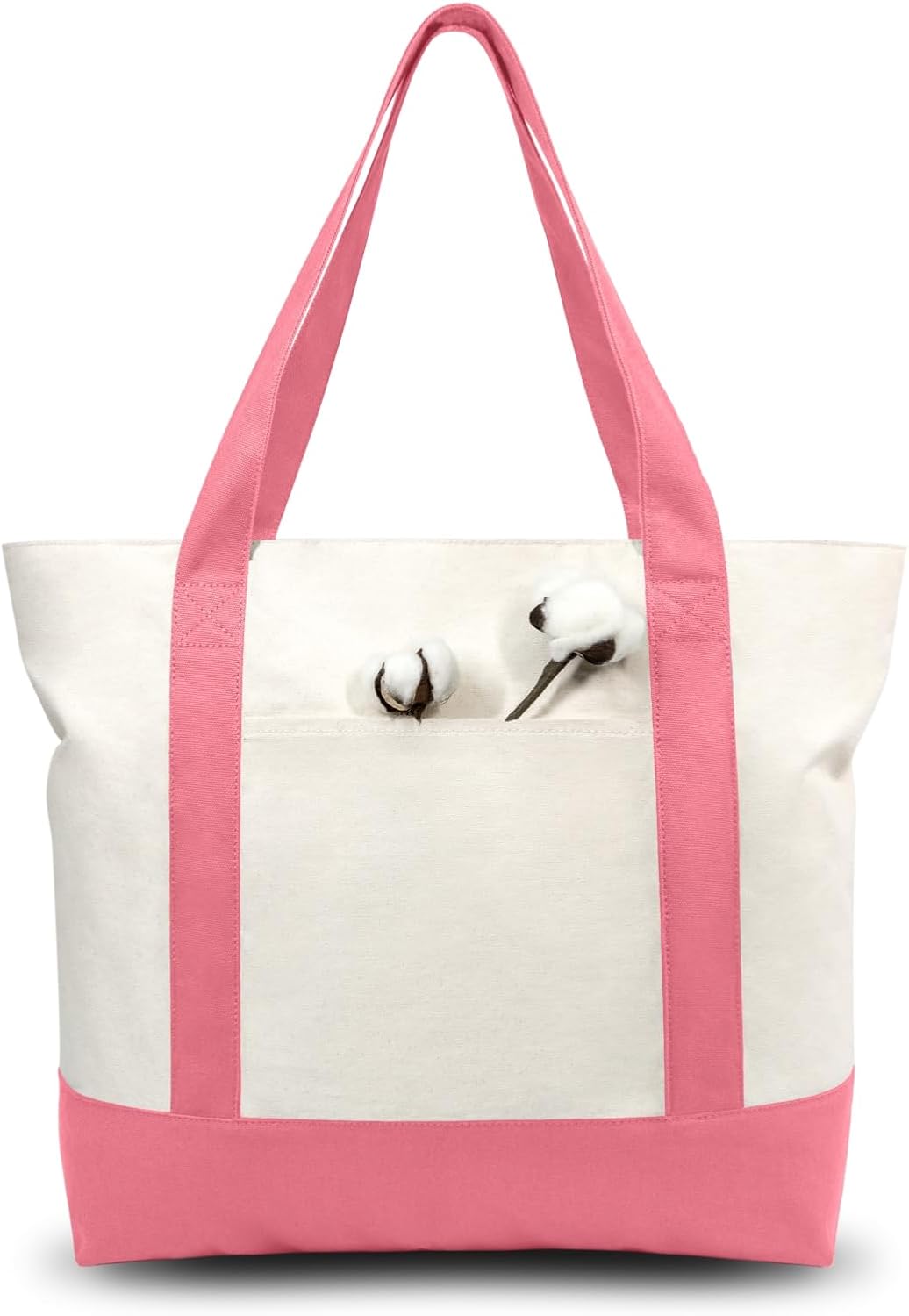 1-Pack Canvas Tote Bag with an External Pocket, Reusable Grocery Shopping Bag, Top Zipper Closure, Daily Essentials (Rose Pink/Natural)