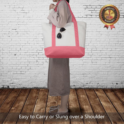 1-Pack Canvas Tote Bag with an External Pocket, Reusable Grocery Shopping Bag, Top Zipper Closure, Daily Essentials (Rose Pink/Natural)