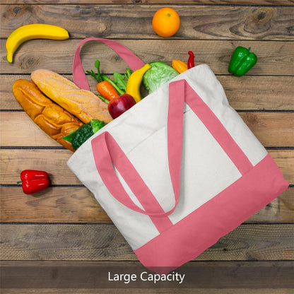 1-Pack Canvas Tote Bag with an External Pocket, Reusable Grocery Shopping Bag, Top Zipper Closure, Daily Essentials (Rose Pink/Natural)
