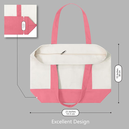 1-Pack Canvas Tote Bag with an External Pocket, Reusable Grocery Shopping Bag, Top Zipper Closure, Daily Essentials (Rose Pink/Natural)
