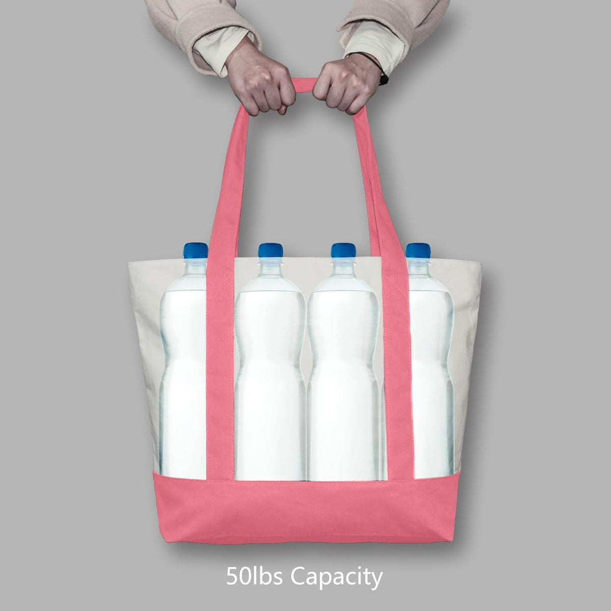 1-Pack Canvas Tote Bag with an External Pocket, Reusable Grocery Shopping Bag, Top Zipper Closure, Daily Essentials (Rose Pink/Natural)
