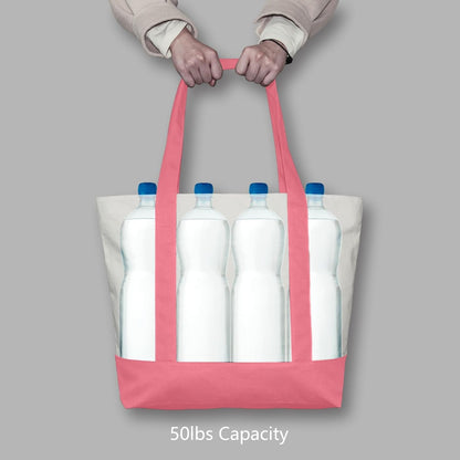1-Pack Canvas Tote Bag with an External Pocket, Reusable Grocery Shopping Bag, Top Zipper Closure, Daily Essentials (Rose Pink/Natural)