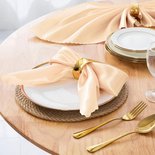 Horbaunal 100 Pack Satin Napkins 20" x 20" Oversized Dinner Napkins with Floral Edges, Soft Cloth Napkins for Parties, Weddings, Events, Peach