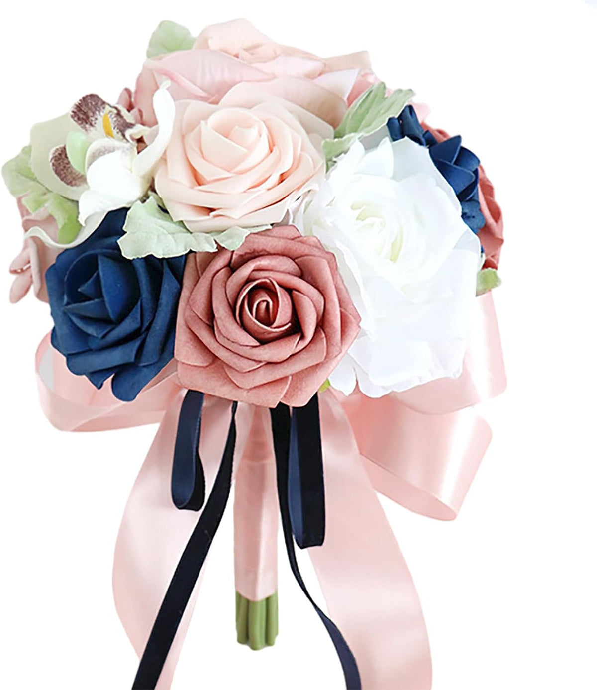 Bridesmaid Bouquet for Wedding, Dusty Rose and Navy Blue Flowers Wedding Bouquet Bridesmaid Tossing Bouquet for Wedding Ceremony Anniversary Bridal Shower Party Decoration, Pink&blue