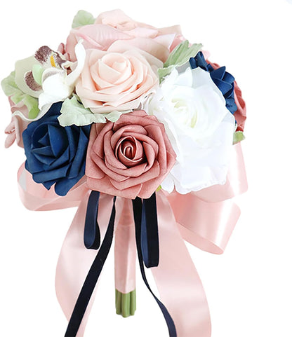Bridesmaid Bouquet for Wedding, Dusty Rose and Navy Blue Flowers Wedding Bouquet Bridesmaid Tossing Bouquet for Wedding Ceremony Anniversary Bridal Shower Party Decoration, Pink&blue
