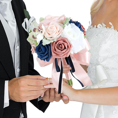 Bridesmaid Bouquet for Wedding, Dusty Rose and Navy Blue Flowers Wedding Bouquet Bridesmaid Tossing Bouquet for Wedding Ceremony Anniversary Bridal Shower Party Decoration, Pink&blue
