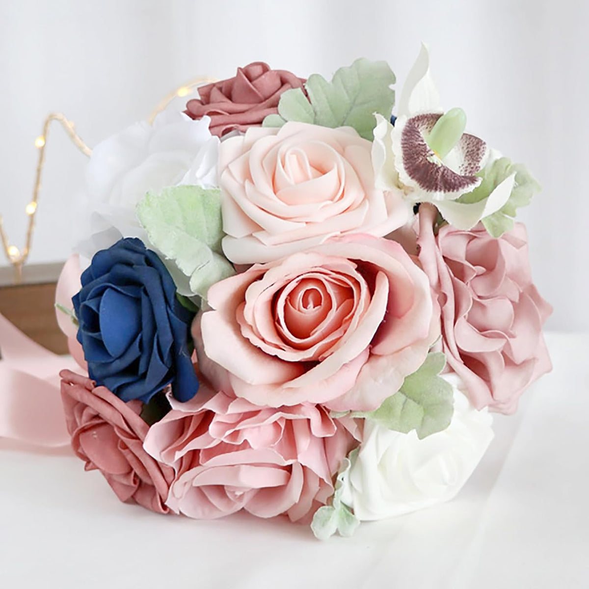 Bridesmaid Bouquet for Wedding, Dusty Rose and Navy Blue Flowers Wedding Bouquet Bridesmaid Tossing Bouquet for Wedding Ceremony Anniversary Bridal Shower Party Decoration, Pink&blue
