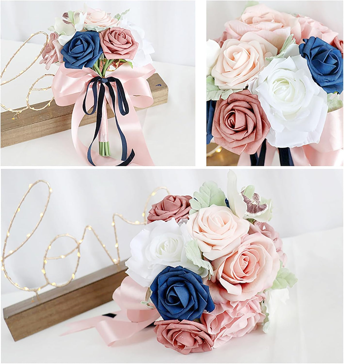 Bridesmaid Bouquet for Wedding, Dusty Rose and Navy Blue Flowers Wedding Bouquet Bridesmaid Tossing Bouquet for Wedding Ceremony Anniversary Bridal Shower Party Decoration, Pink&blue