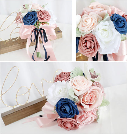 Bridesmaid Bouquet for Wedding, Dusty Rose and Navy Blue Flowers Wedding Bouquet Bridesmaid Tossing Bouquet for Wedding Ceremony Anniversary Bridal Shower Party Decoration, Pink&blue