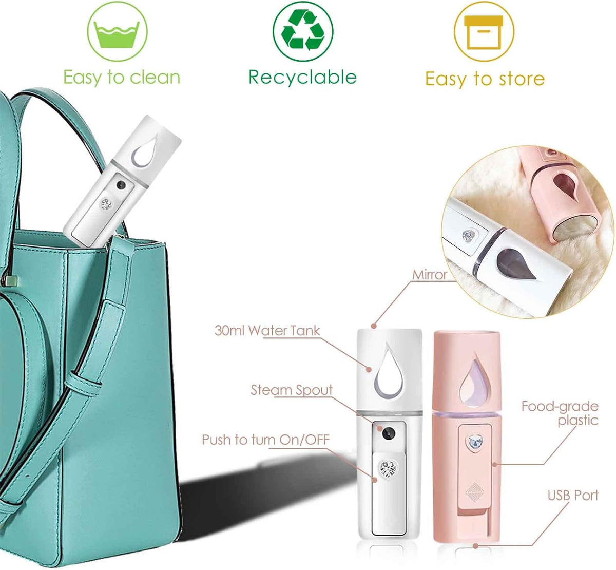 Nano Facial Steamer, Handy Mini Mister with Mirror, USB Rechargeable Mist Sprayer, Visual Water Tank Moisturizing&Hydrating for Face, Makeup, Skin Care, Eyelash Extensions-Pink