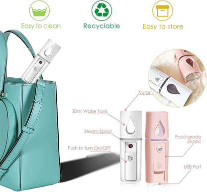 Nano Facial Steamer, Handy Mini Mister with Mirror, USB Rechargeable Mist Sprayer, Visual Water Tank Moisturizing&Hydrating for Face, Makeup, Skin Care, Eyelash Extensions-Pink