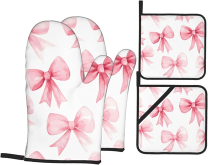 Pink Bow 4pcs Oven Mitts and Potholders BBQ Gloves，Non-Slip Heat Resistant for Kitchen,Cooking,Baking