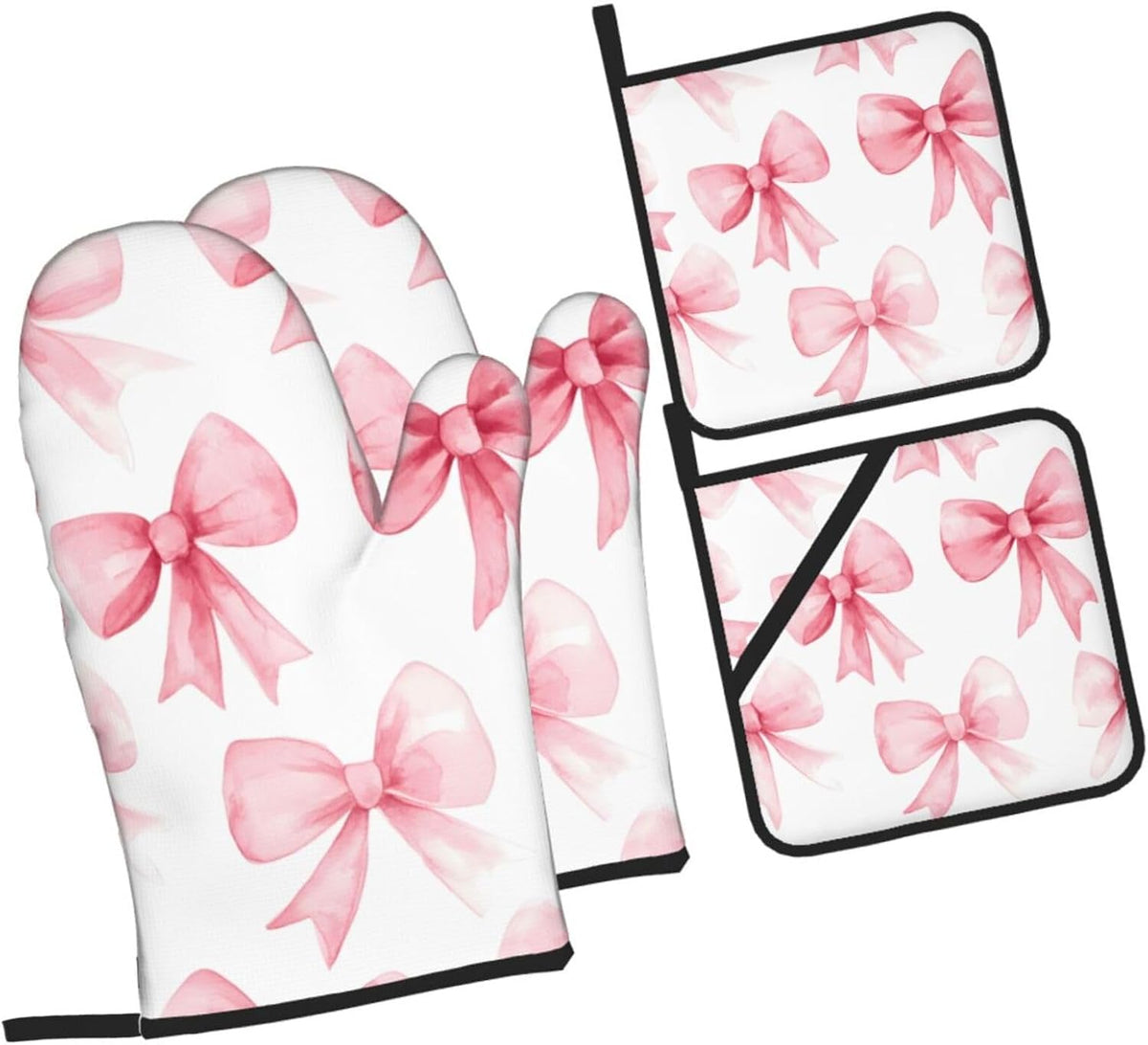 Pink Bow 4pcs Oven Mitts and Potholders BBQ Gloves，Non-Slip Heat Resistant for Kitchen,Cooking,Baking