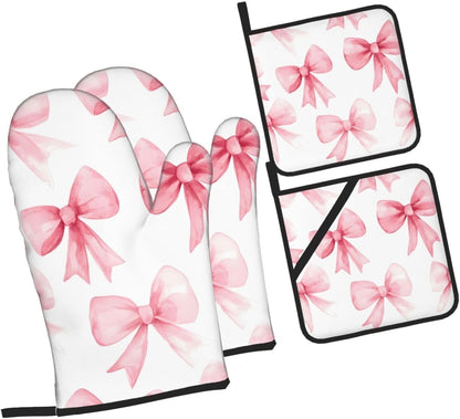 Pink Bow 4pcs Oven Mitts and Potholders BBQ Gloves，Non-Slip Heat Resistant for Kitchen,Cooking,Baking