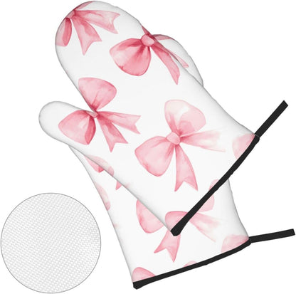 Pink Bow 4pcs Oven Mitts and Potholders BBQ Gloves，Non-Slip Heat Resistant for Kitchen,Cooking,Baking
