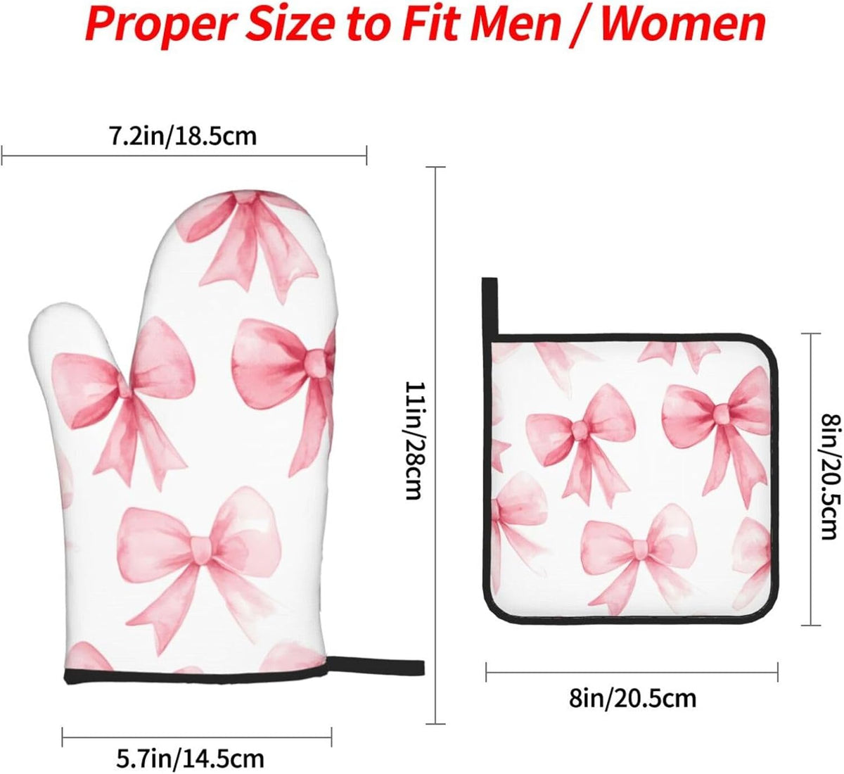 Pink Bow 4pcs Oven Mitts and Potholders BBQ Gloves，Non-Slip Heat Resistant for Kitchen,Cooking,Baking