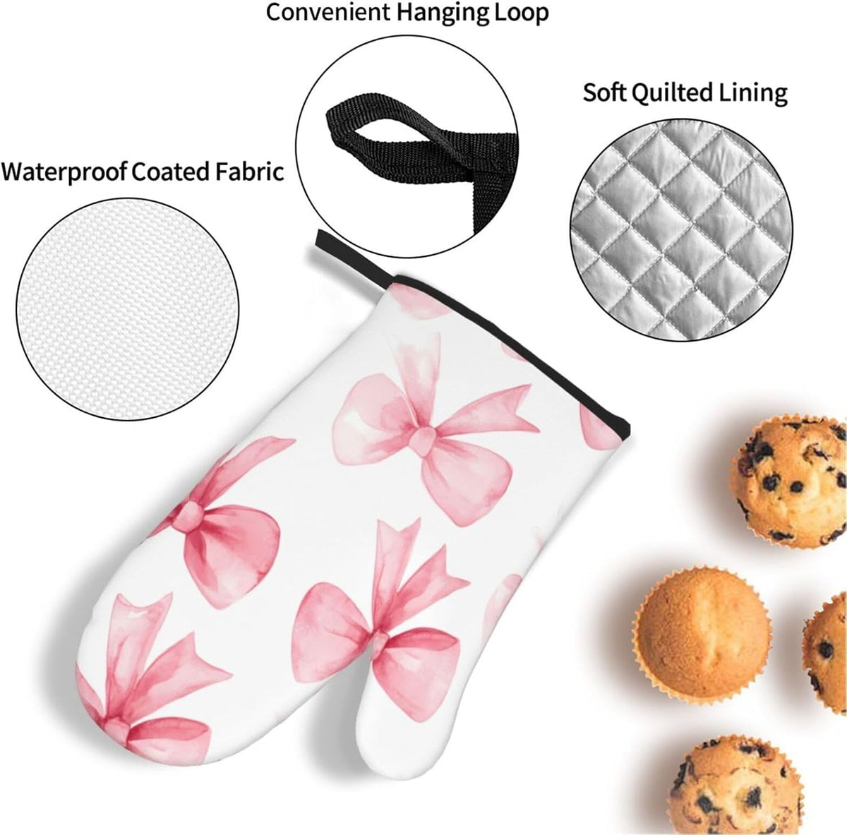 Pink Bow 4pcs Oven Mitts and Potholders BBQ Gloves，Non-Slip Heat Resistant for Kitchen,Cooking,Baking