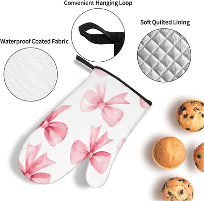 Pink Bow 4pcs Oven Mitts and Potholders BBQ Gloves，Non-Slip Heat Resistant for Kitchen,Cooking,Baking