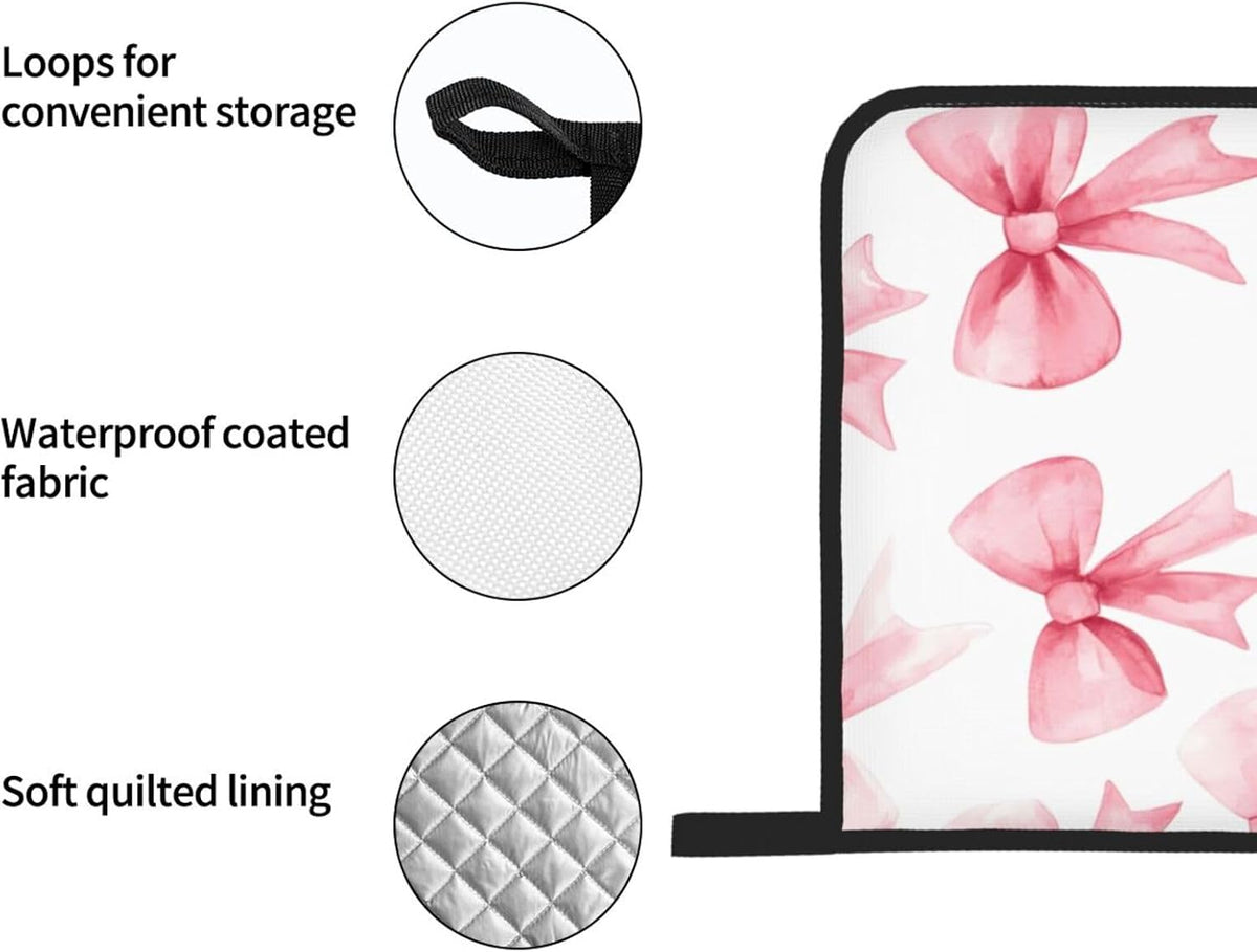Pink Bow 4pcs Oven Mitts and Potholders BBQ Gloves，Non-Slip Heat Resistant for Kitchen,Cooking,Baking