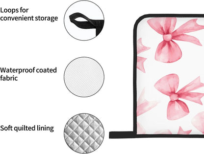 Pink Bow 4pcs Oven Mitts and Potholders BBQ Gloves，Non-Slip Heat Resistant for Kitchen,Cooking,Baking