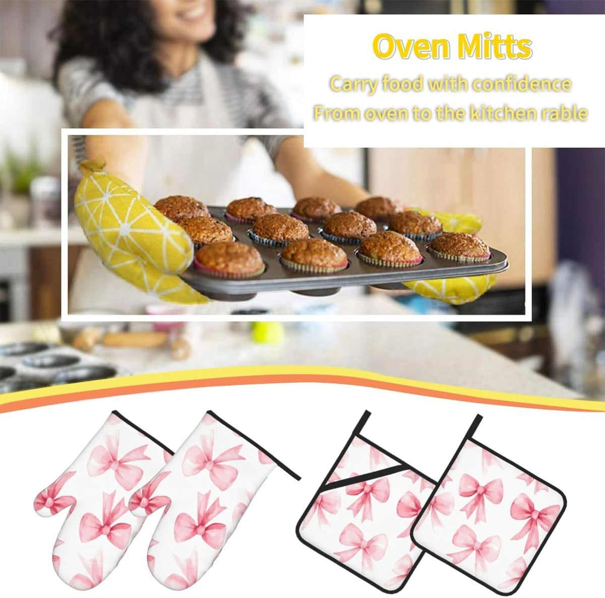 Pink Bow 4pcs Oven Mitts and Potholders BBQ Gloves，Non-Slip Heat Resistant for Kitchen,Cooking,Baking