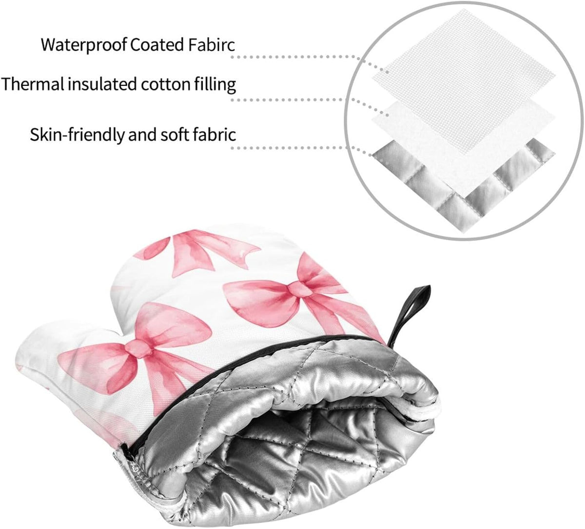 Pink Bow 4pcs Oven Mitts and Potholders BBQ Gloves，Non-Slip Heat Resistant for Kitchen,Cooking,Baking