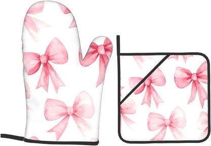 Pink Bow 4pcs Oven Mitts and Potholders BBQ Gloves，Non-Slip Heat Resistant for Kitchen,Cooking,Baking