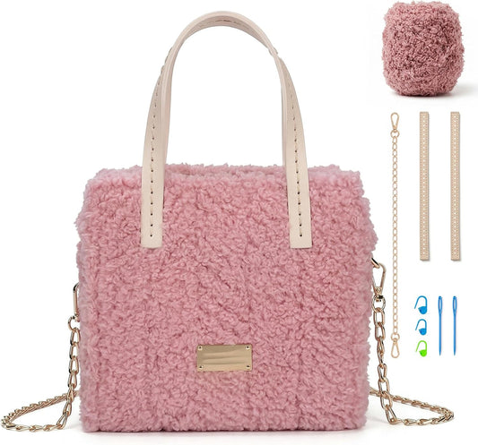 DIY Knitting & Crochet Handbags Kit, Mesh Plastic Canvas Kit for Shoulder Bags, Crossbody Bags, Embroidery Projects, Linen - White (Pink)
