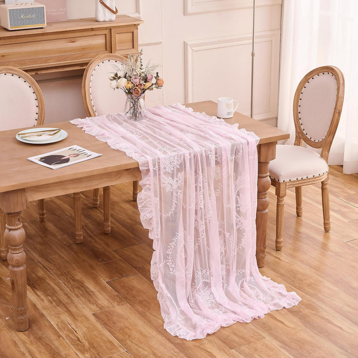 Pink Lace Tablecloth Floral Rectangular Table Cloth 95”x55”