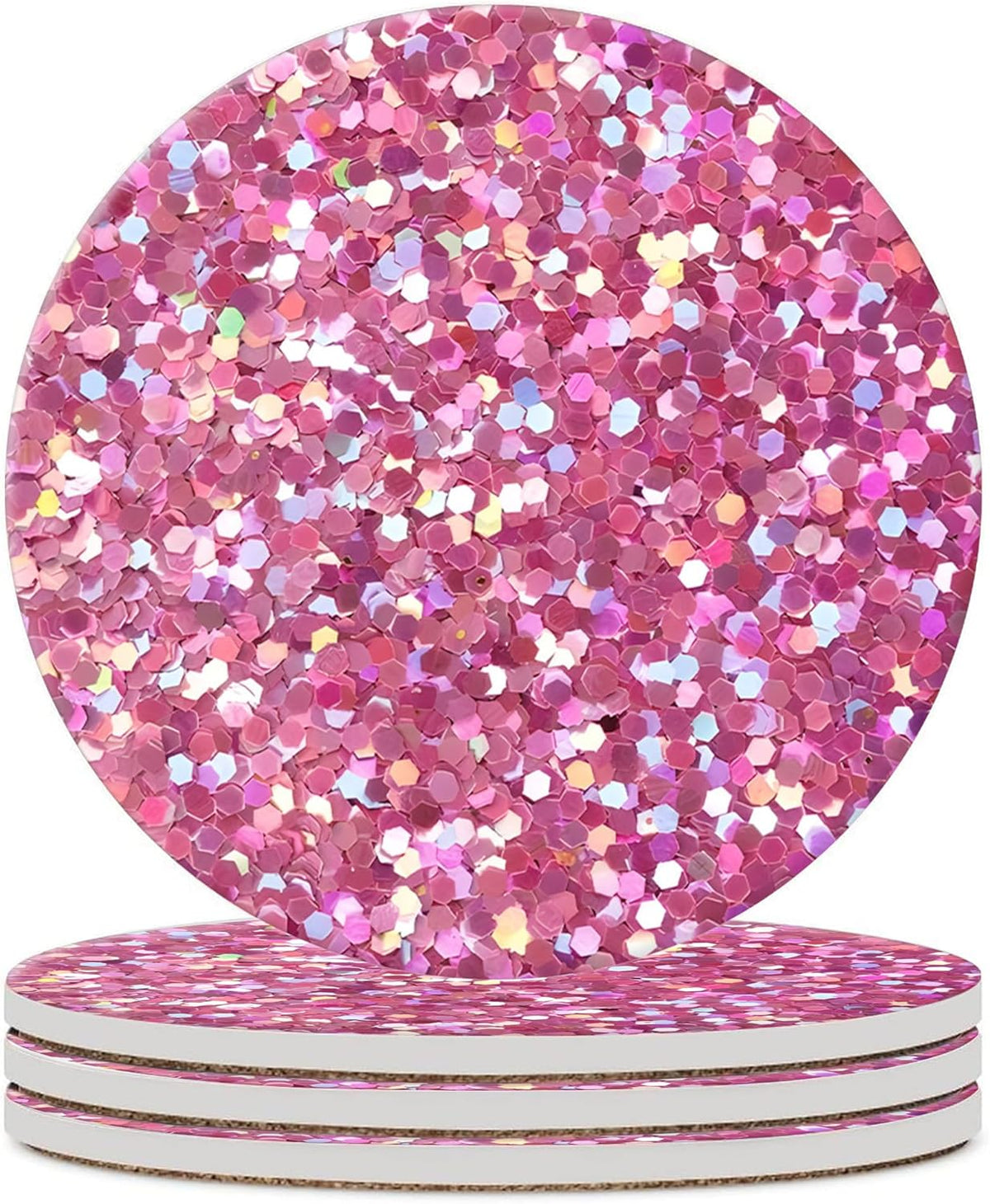 Pink Glitter Drink Absorbent Coaster,Cool Deisgn Ceramic Drink Coaster with Cork Base,Housewarming Gifts,Tabletop Protection Suitable for Kinds of Cups(Pack of 4)