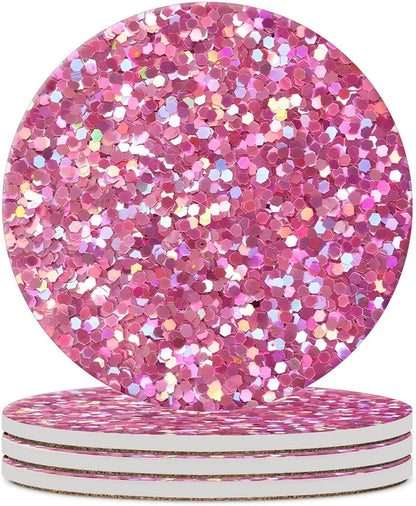 Pink Glitter Drink Absorbent Coaster,Cool Deisgn Ceramic Drink Coaster with Cork Base,Housewarming Gifts,Tabletop Protection Suitable for Kinds of Cups(Pack of 4)
