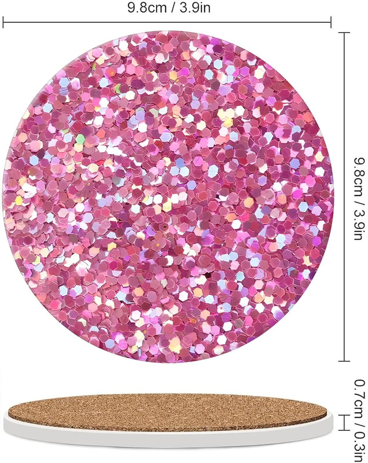 Pink Glitter Drink Absorbent Coaster,Cool Deisgn Ceramic Drink Coaster with Cork Base,Housewarming Gifts,Tabletop Protection Suitable for Kinds of Cups(Pack of 4)