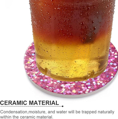 Pink Glitter Drink Absorbent Coaster,Cool Deisgn Ceramic Drink Coaster with Cork Base,Housewarming Gifts,Tabletop Protection Suitable for Kinds of Cups(Pack of 4)