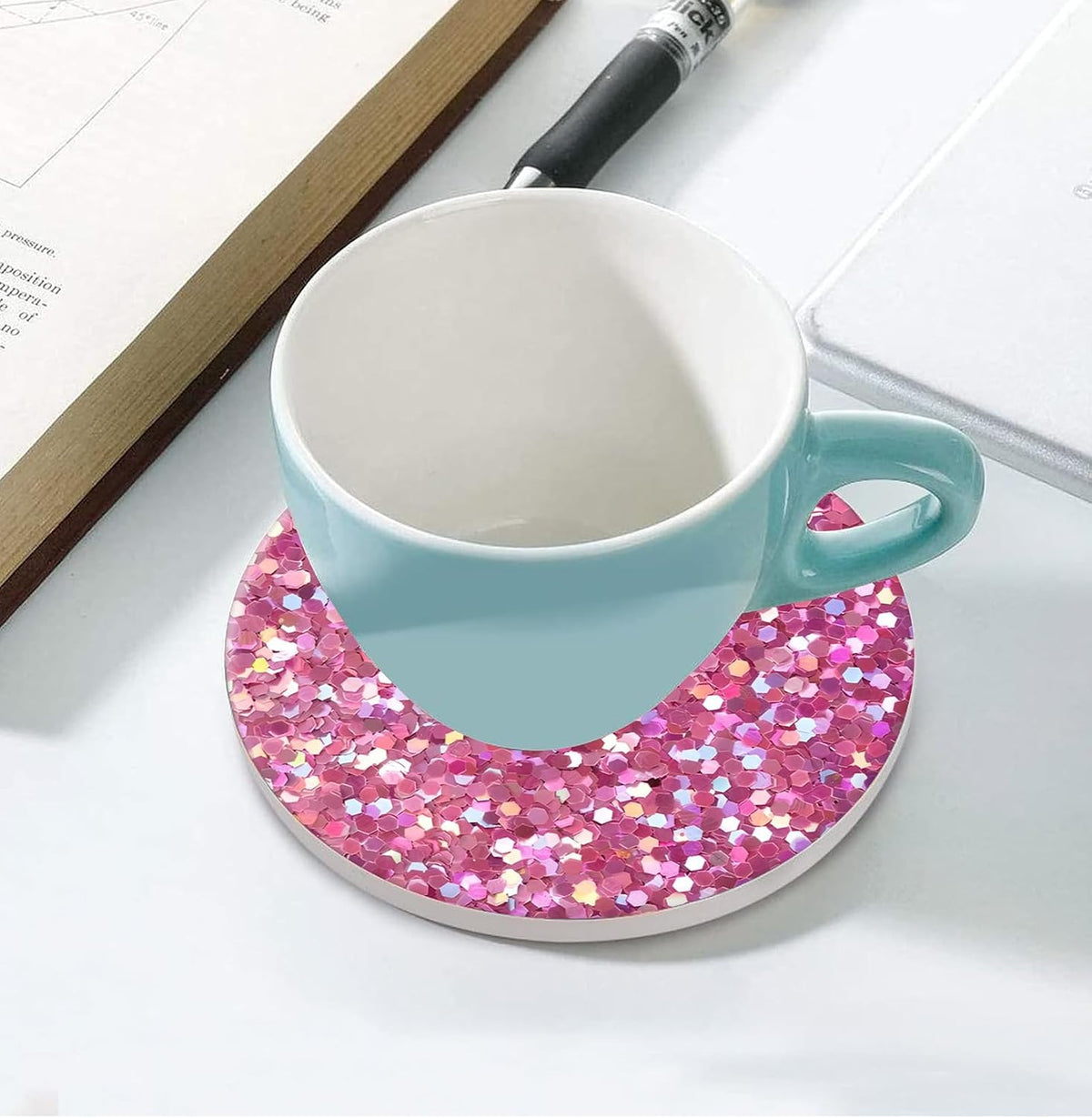Pink Glitter Drink Absorbent Coaster,Cool Deisgn Ceramic Drink Coaster with Cork Base,Housewarming Gifts,Tabletop Protection Suitable for Kinds of Cups(Pack of 4)